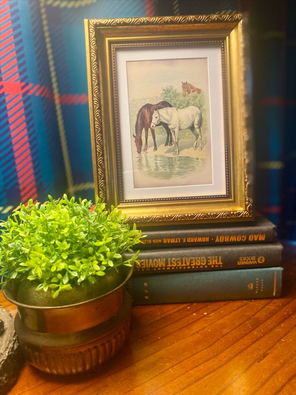 Framed Vintage Horse Print Horses at Watering Scene 5x7 Gold Frame Equestrian